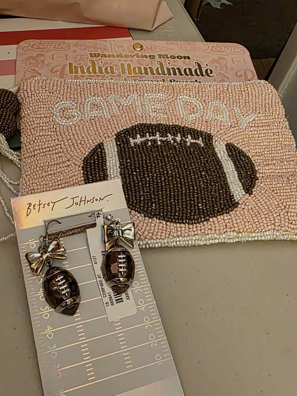 Betsey Johnson Silver Bow & Brown Football Drop Earrings And Beaded Pouch